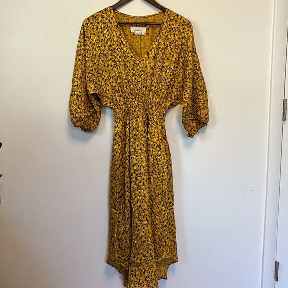 ANTHROPOLOGIE WOMENS MIDI LENGTH CINCHED WAIST MARIGOLD DRESS YELLOW BLACK XS - Picture 4 of 10